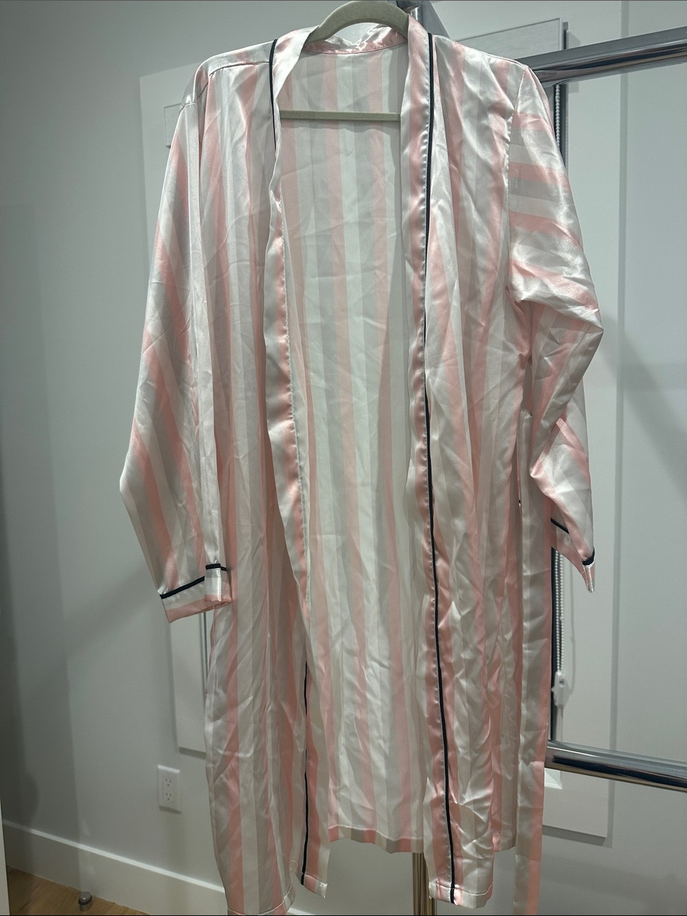 Silky Pink and White Striped Satin Robe with Contrast Trim with matching pink pj